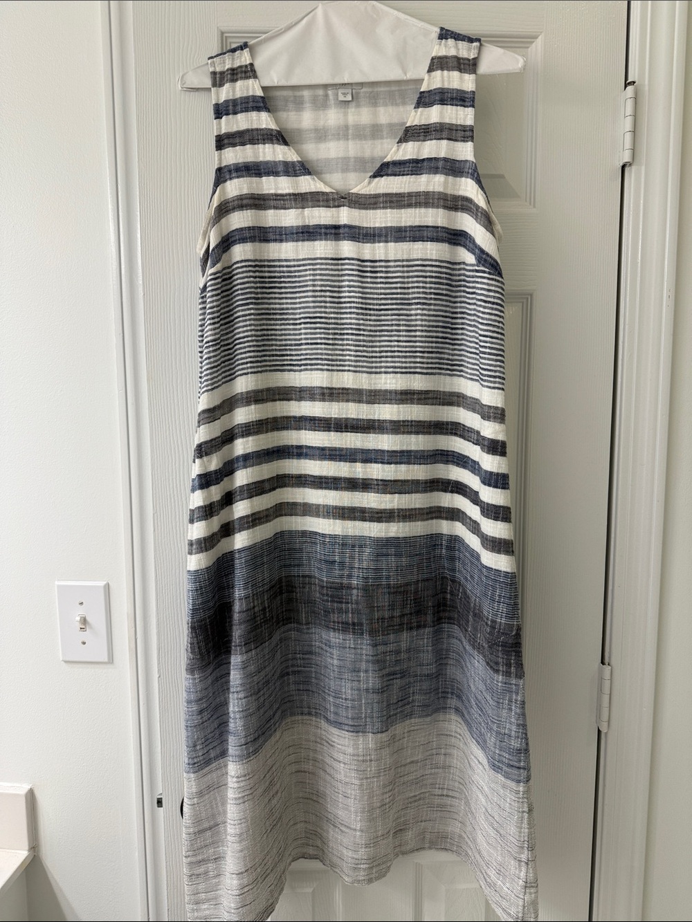 J Jill Sleeveless Blue, Black and White Striped Linen Dress